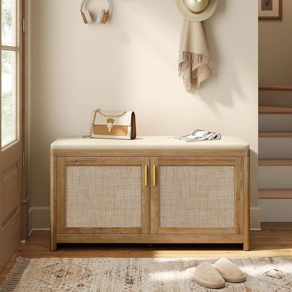 VASAGLE Boho Shoe Bench with Cushion, 2 Rattan-Look Cabinet Doors