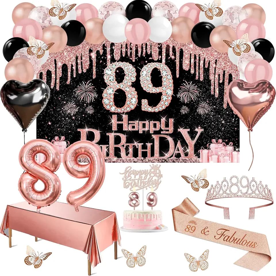 Juesly 89th Birthday Decorations for Women Rose Gold Black 49pcs
