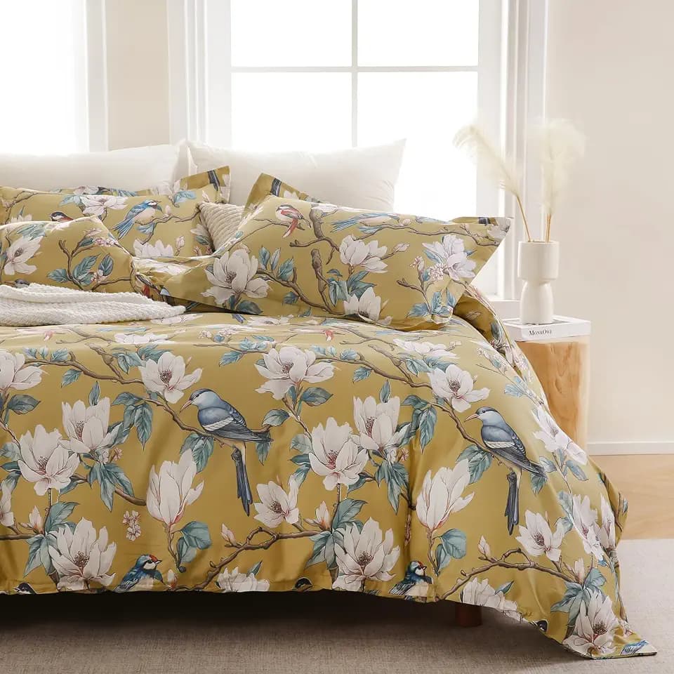 100% Cotton Duvet Cover King Size 90"x90",Floral and Bird Print,Yellow