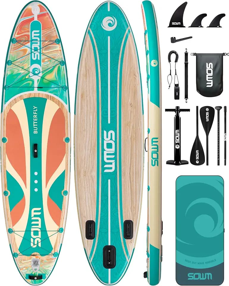 11'*33"/34" Inflatable Stand Up Paddle Board for Beginners,400/420lbs Capacity, Anti-Slip EVA Deck, Includes Adjustable Paddle, Pump, Backpack & SUP Accessories for Surfing, Fishing, Yoga & More