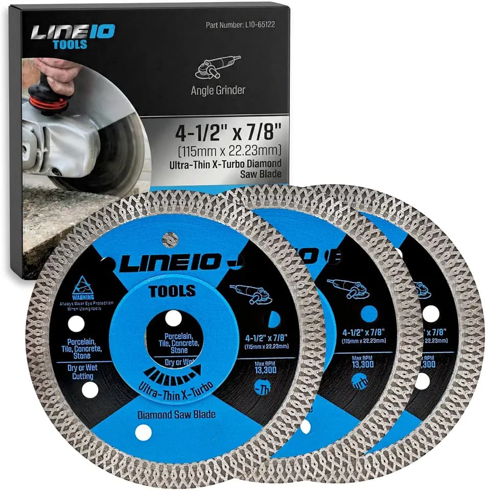 LINE10 Tools 3pk 4.5 Inch Diamond Saw Blades for Angle Grinder - Ultra Thin Tile Cutting Wheel Ceramic Blade - Professional Porcelain Tile Cutter Tool X-Turbo Rim for Granite Stone Masonry Wet Dry Cut