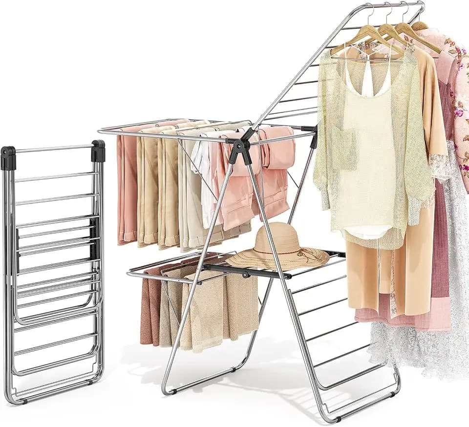 APEXCHASER Clothes Drying Rack with 4 Wings, Stainless Steel Drying Rack Clothing with Height-Adjustable, Foldable Gullwings Laundry Drying Rack, Indoor Outdoor Use, No Assembly, Black