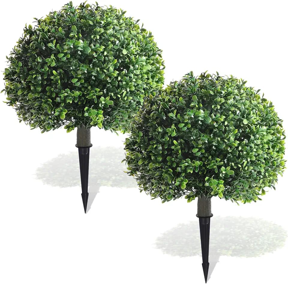 Yunlly Artificial Boxwood Ball Bush Topiary Fake Trees, Green, 2 Pack
