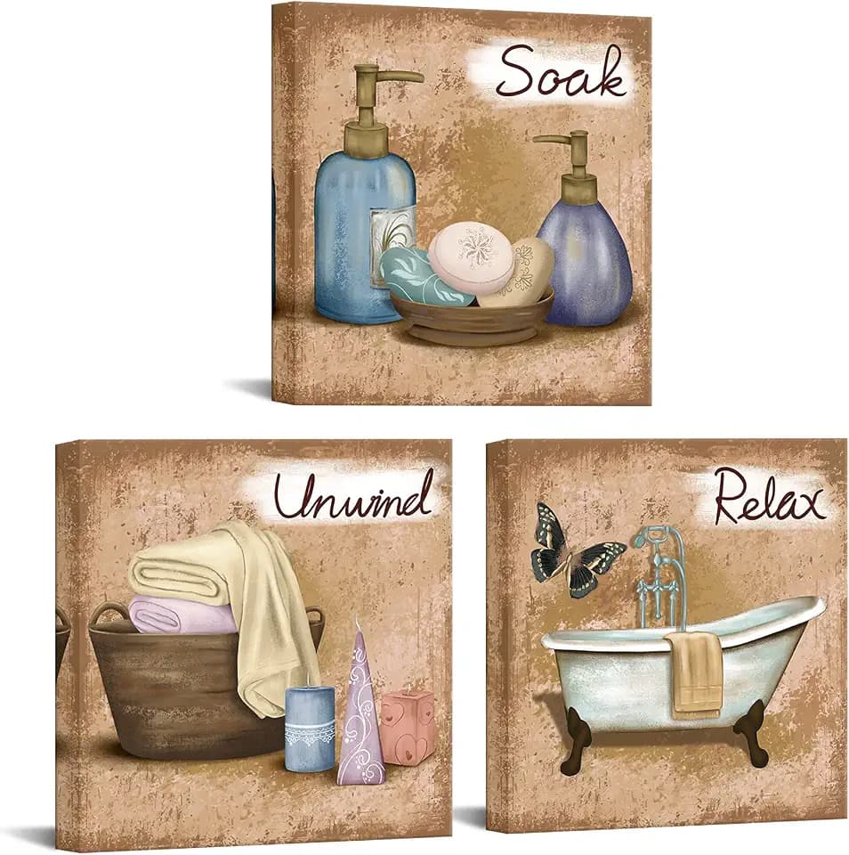 OuElegent Brown Bathroom Wall Art Relax Soak Unwind Canvas Bathroom Painting Pictures for Washroom Toilet Bathroom Decor Framed Ready to Hang