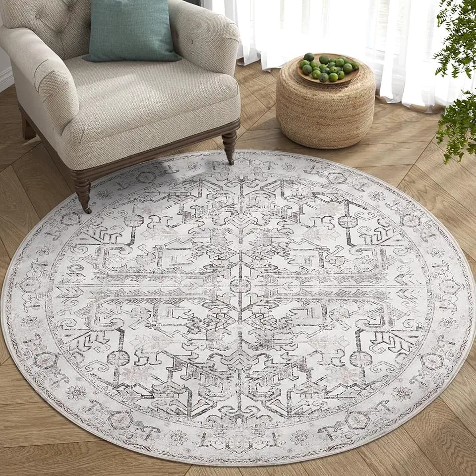 jinchan 5ft Washable Indoor Round Area Rug, Vintage Floral Non-Slip, Taupe