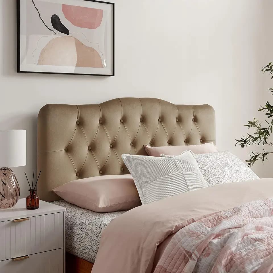 Modway Annabel Performance Velvet Adjustable King Headboard in Taupe - Stain-Resistant Padded Headboard Only with Diamond Button Tufting and 7 Height-Adjustable Positions