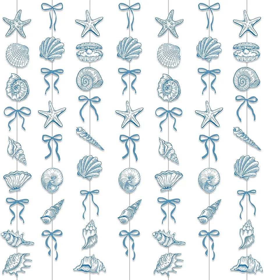 Sea Blue Bow Starfish and Seashell Garlands Summer Ocean Party Supplies 8PCS Coastal Starfish and Seashell Banners Nautical Party Decorations for Marine Baby Shower Wedding Bachelorette Decor