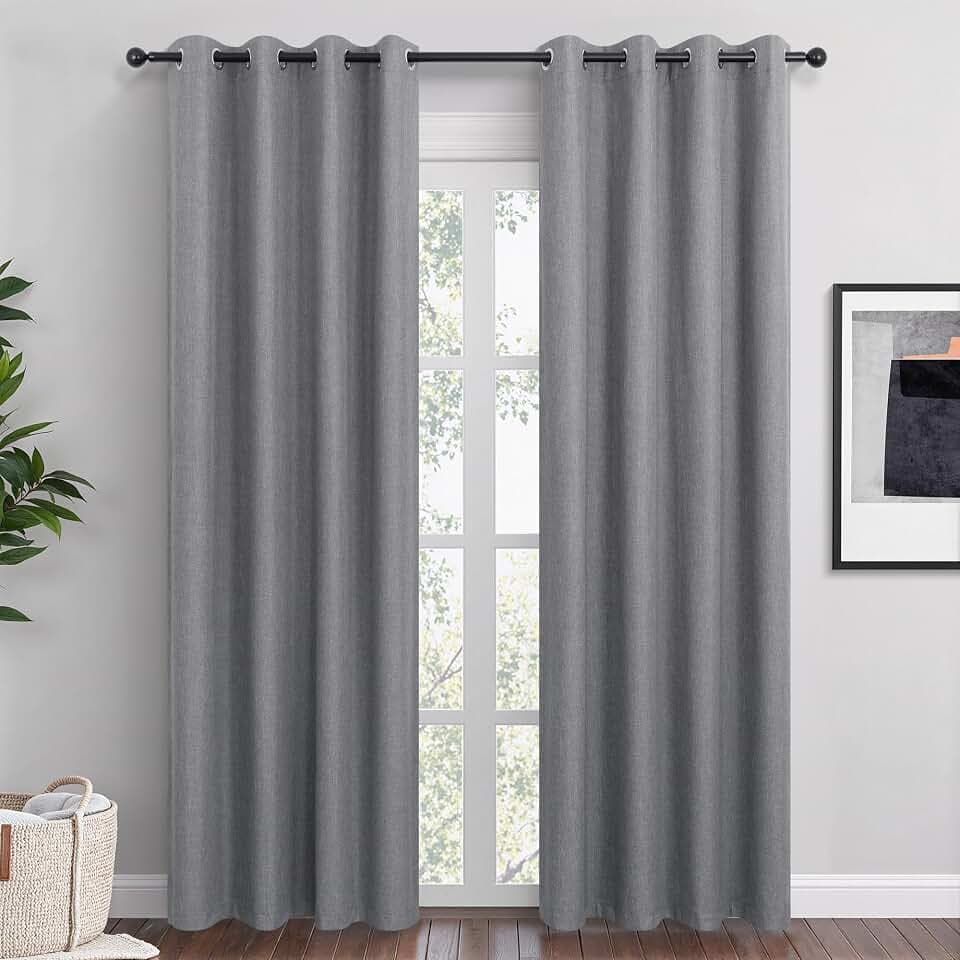 Dark Grey Linen Blackout Curtains 96 Inch Length 2 Panels Set for Bedroom Living Room Grommet 100% Black Out Linen Drapes Room Darkening Window Curtains 96 Inches Long Dark Gray