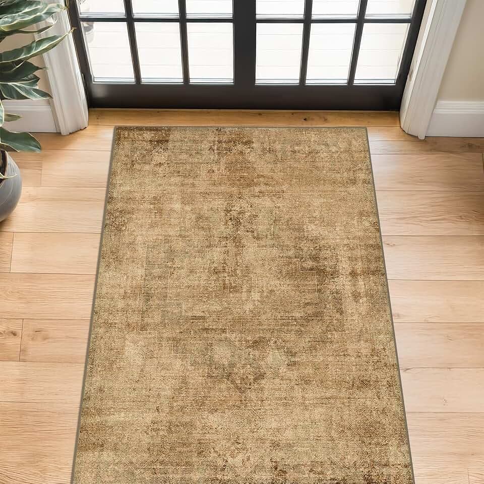 Farmhouse Gold Brown Indoor Rugs for Entryway - 3x5 Low Pile Area Rug for Bedroom Beside Bed, Laundry Room, Washable Kitchen Carpet Non Slip, Medallion Abstract Home Décor, Distressed Design