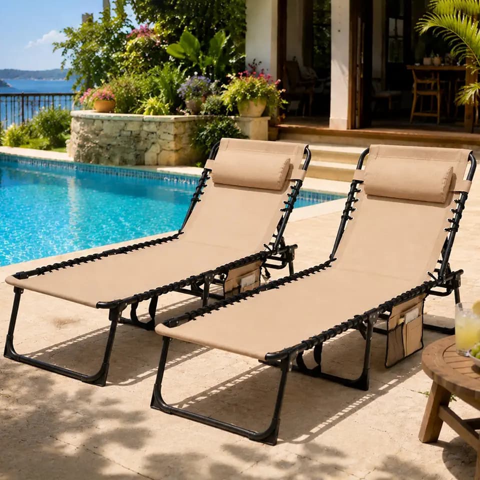 SUNW 2 Pack 400lbs Adjustable Folding Chaise Lounge, Lay Flat Recliner with Pillow & Side Pocket for Patio Pool Camping (Beige)