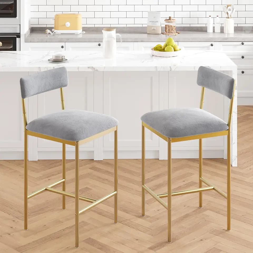 GarveeLife 25.5" Bar Stools Set of 2 with Backrest and Footrest, Counter Height Upholstered Barstools with Wide Seat, Faux Leather Bar Chairs for Home Bar, Dining Room and Kitchen Island, Marble White