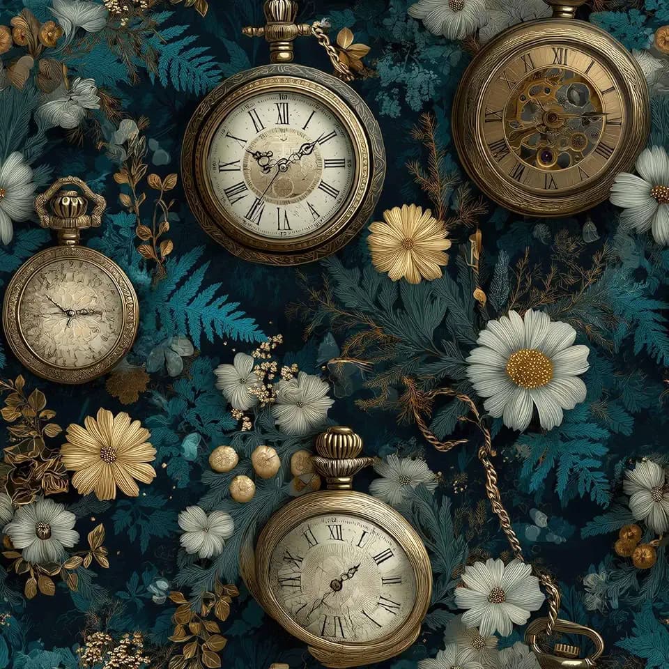 Vintage Pocket Watch Peel and Stick Wallpaper, Antique Botanical Wallpaper