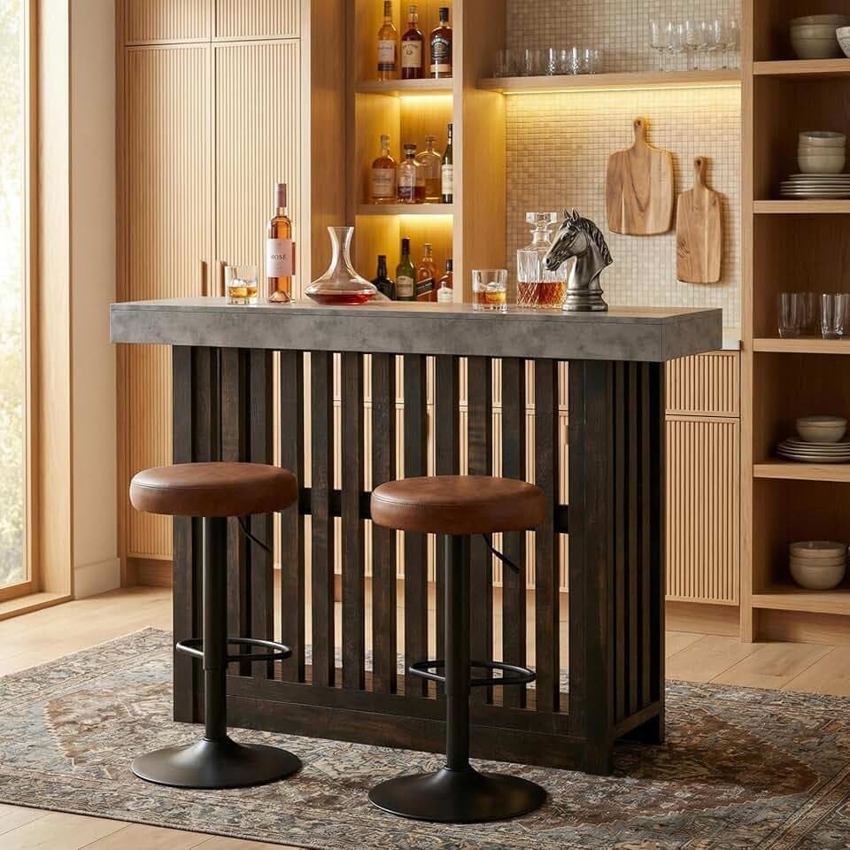 GarveeHome 63" Long Bar Table - Counter Bar Height Pub Table with 2 Tier Storage Shelves, Modern Coffee Breakfast Bar Unit for Dining Room, Bistro, Living Room, Gray + Brown