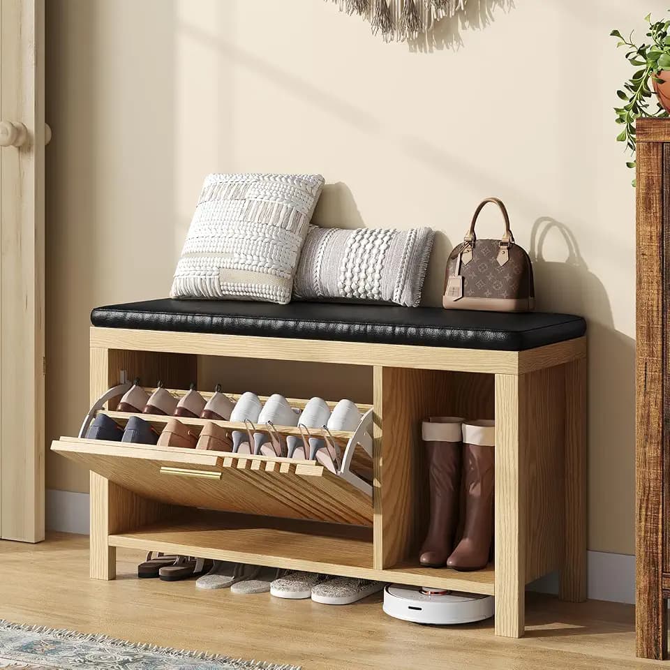 UNIQUITE 40" Shoe Storage Bench with Flip Drawers & Padded Seat Cushion, Open Compartments & Slatted Doors, Entryway Bench with Shoe Storage for Entryway, Hallway, Living Room, Bedroom, Natural