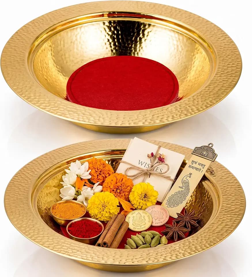 2 Set Indian Pooja Thali Tray 10in Stainless Steel Puja Return Gift, Gold