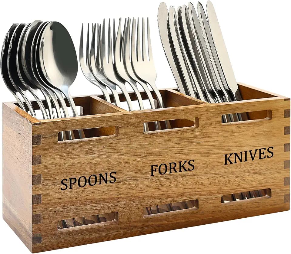 Flatware Silverware Caddy Party Acacia Wood Cutlery Utensil Holder Counter