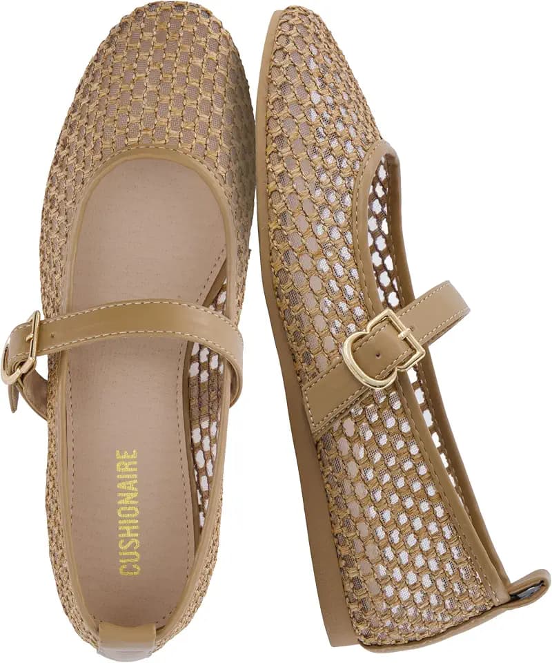 CUSHIONAIRE Gracie Mesh Mary Jane Flats for Women, Breathable Ballet Flats with Adjustable Buckle Strap and Memory Foam Cushioning
