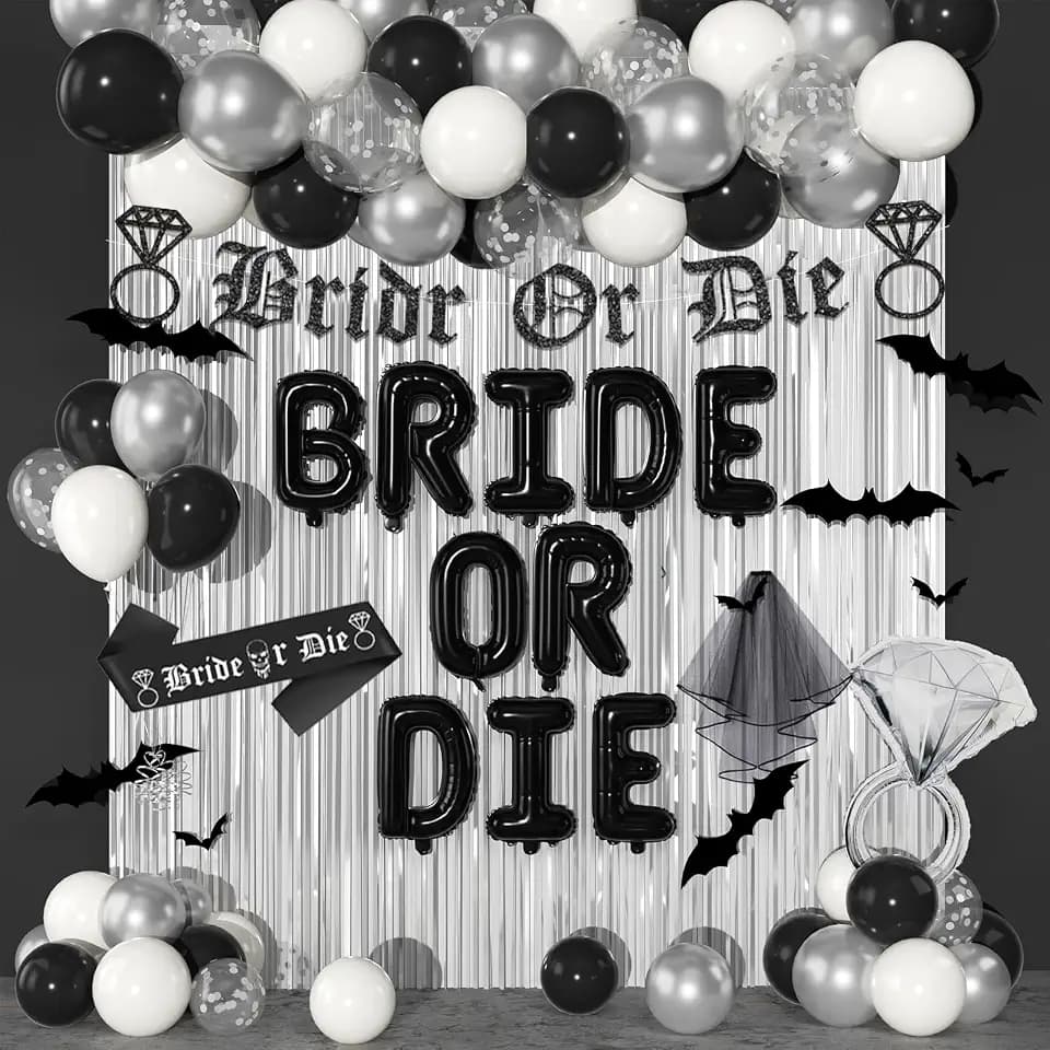 Party Inspo Bride or Die Bachelorette Party Decorations, Till Death Do Us Party Supplies with Fringe Curtains, Balloons, Banner, Black Veil and Sash for Halloween Gothic Bridal Shower