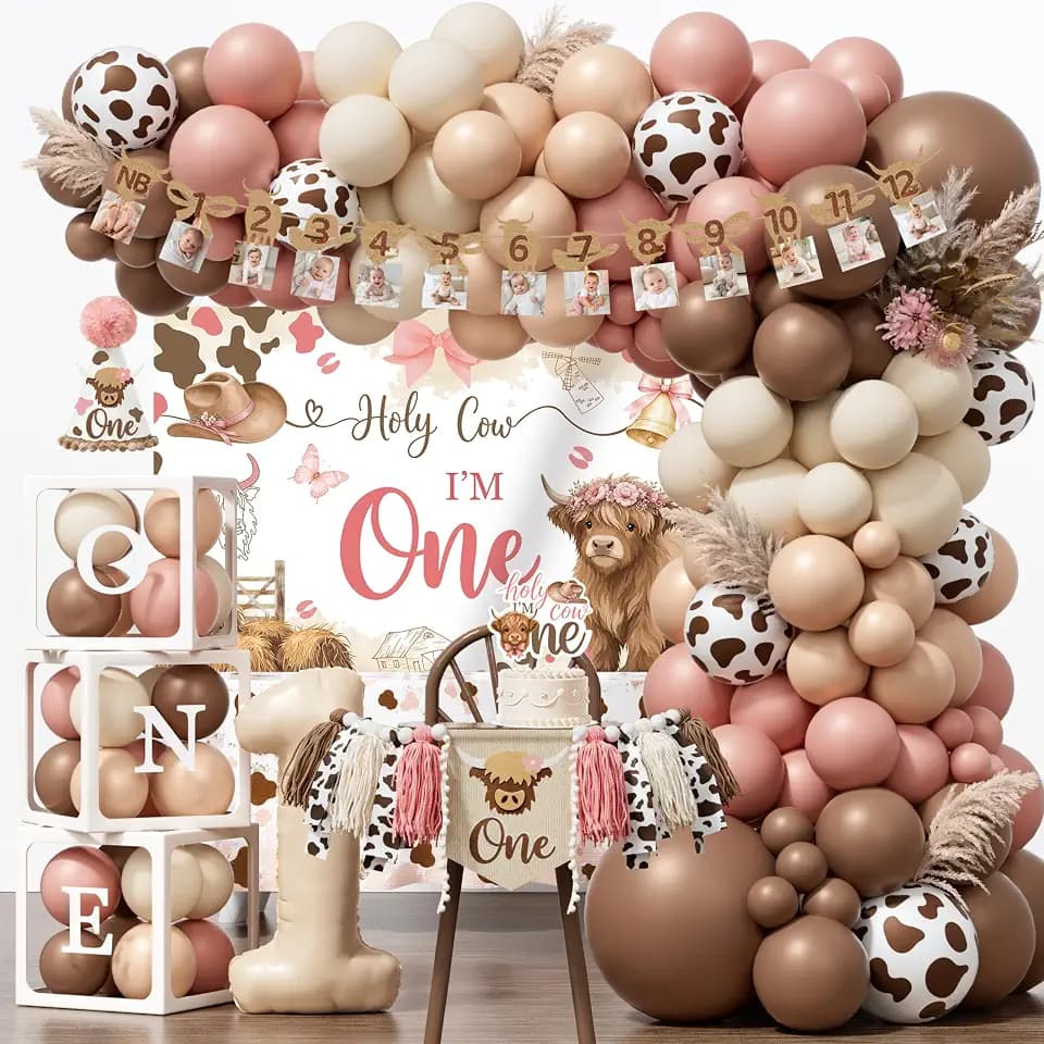 Highland Cow 1st Birthday Decoration for Girl, Holy Cow I'm One Decorations