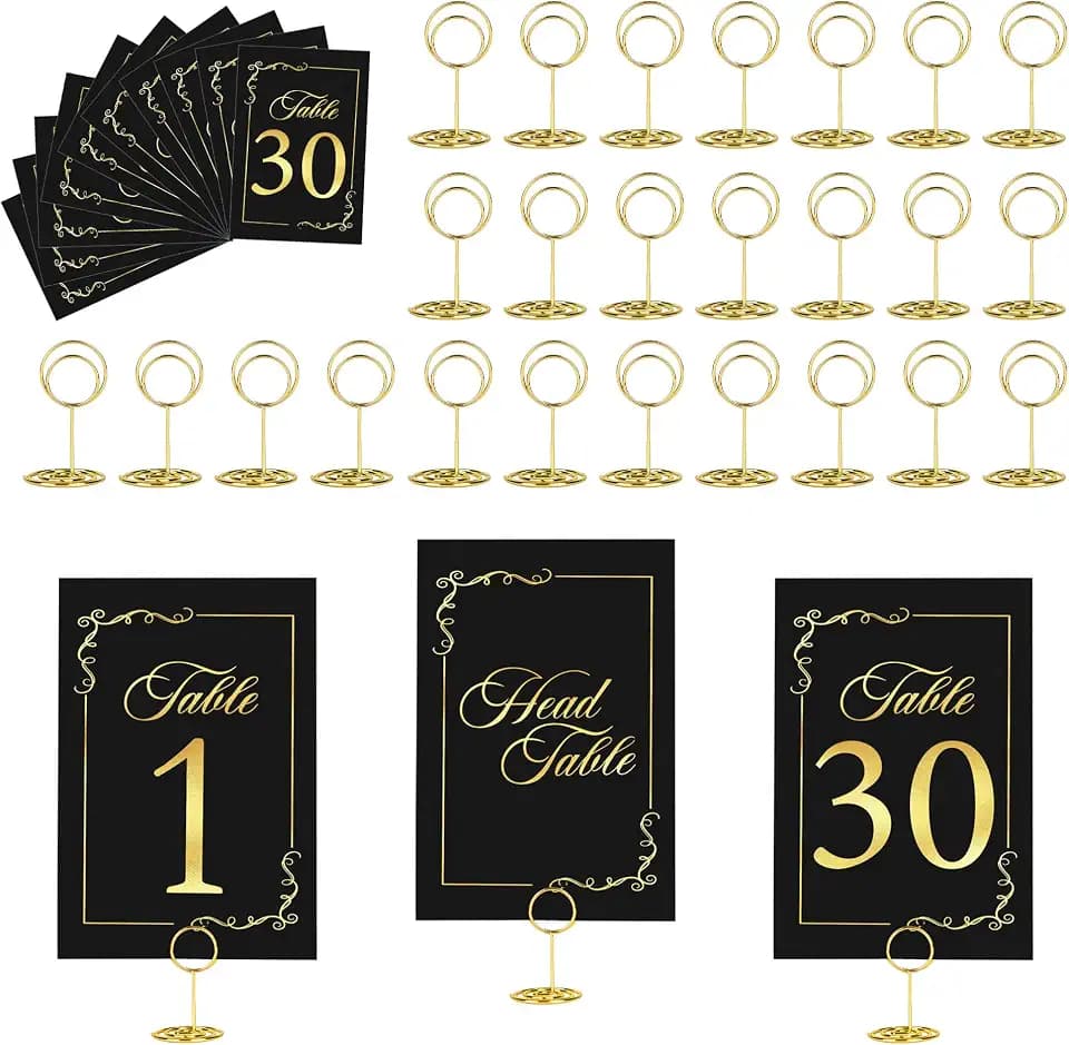 JOYIT Wedding Table Number Set 1-30 with Head Table Card & 31 Gold Holders, Black Gold Place Card Display, 4x6 Inch Table Numbers for Wedding Reception, Banquet, Anniversary Decor