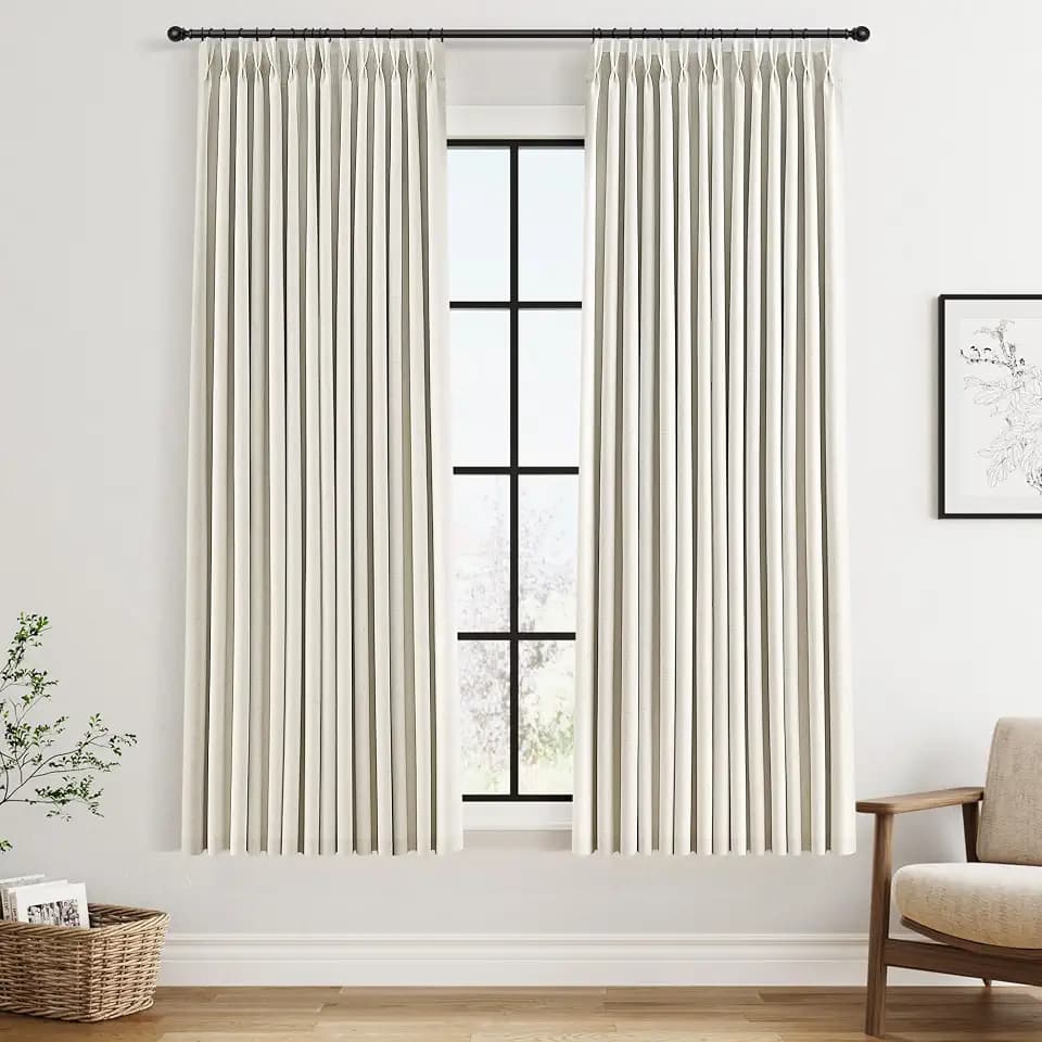 Joywell 100% Blackout Linen Pinch Pleated Curtains 63 in for Bedroom Cream