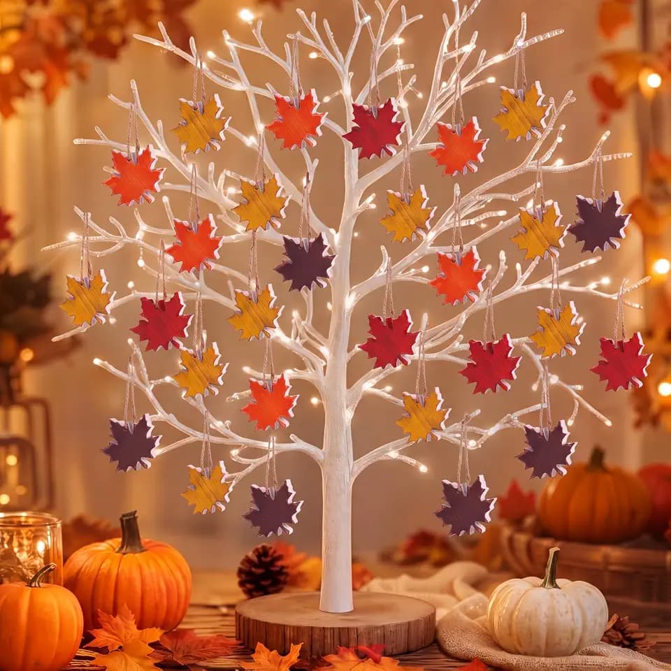 Vercraft 24 Pcs Chunky Wooden Fall Maple Leaves Tree Ornament Decoration