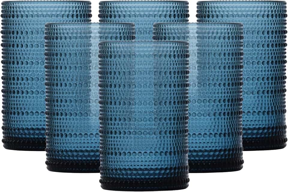 FORTESSA Jupiter Beaded Hobnail Glass Vintage Themed Drinkware Set, 13 Ounce Iced Beverage Glasses (Set of 6), Dishwasher-Safe, Cornflower Blue