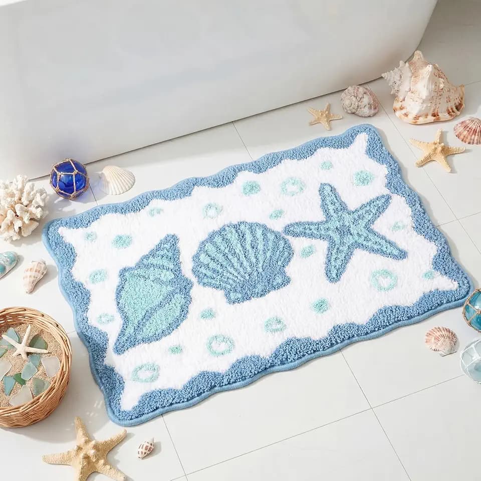 Dunzy Seashells Starfish Bath Mat Coastal Non Slip Soft, 16 x 24 Inch
