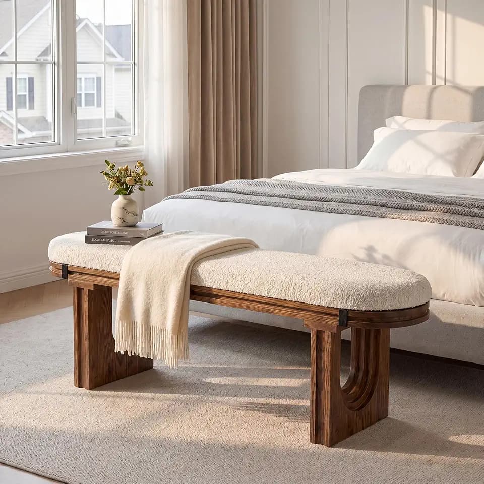 LITTLE TREE Solid Wood Bench with Upholstered, 47.24" End of Bed Bench