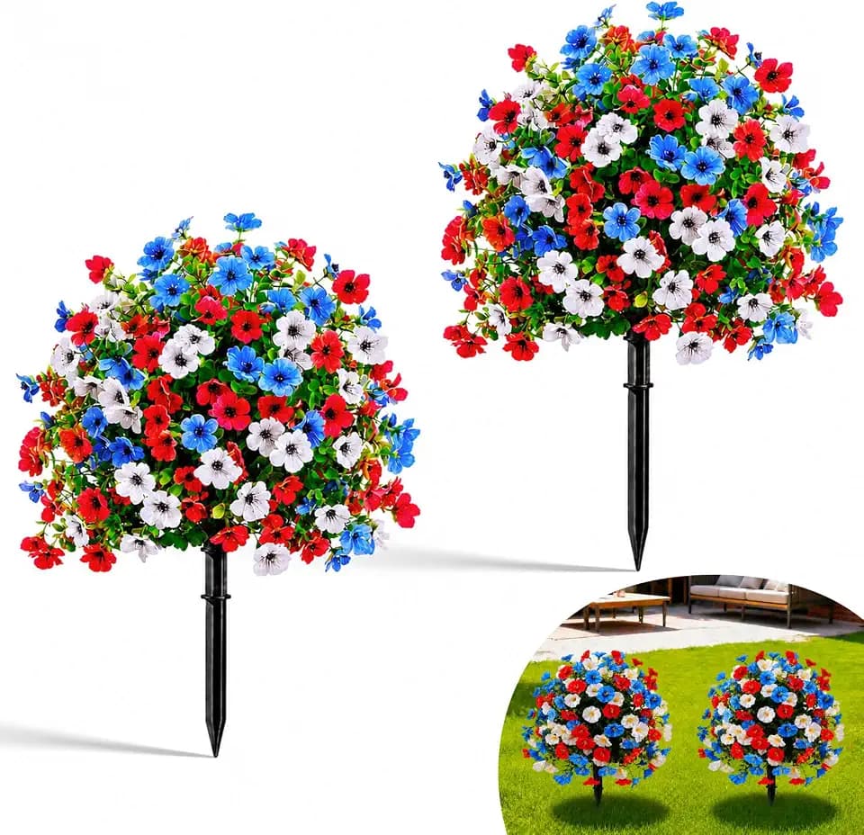 22" Red White Blue Artificial Flowers with Ground Stakes, 4th of July Decor USA Independence, UV Resistant Artificial Faux Flowers Outdoor Plants, Fake Bushes for Indoor Outdoor Garden, Yard Decor
