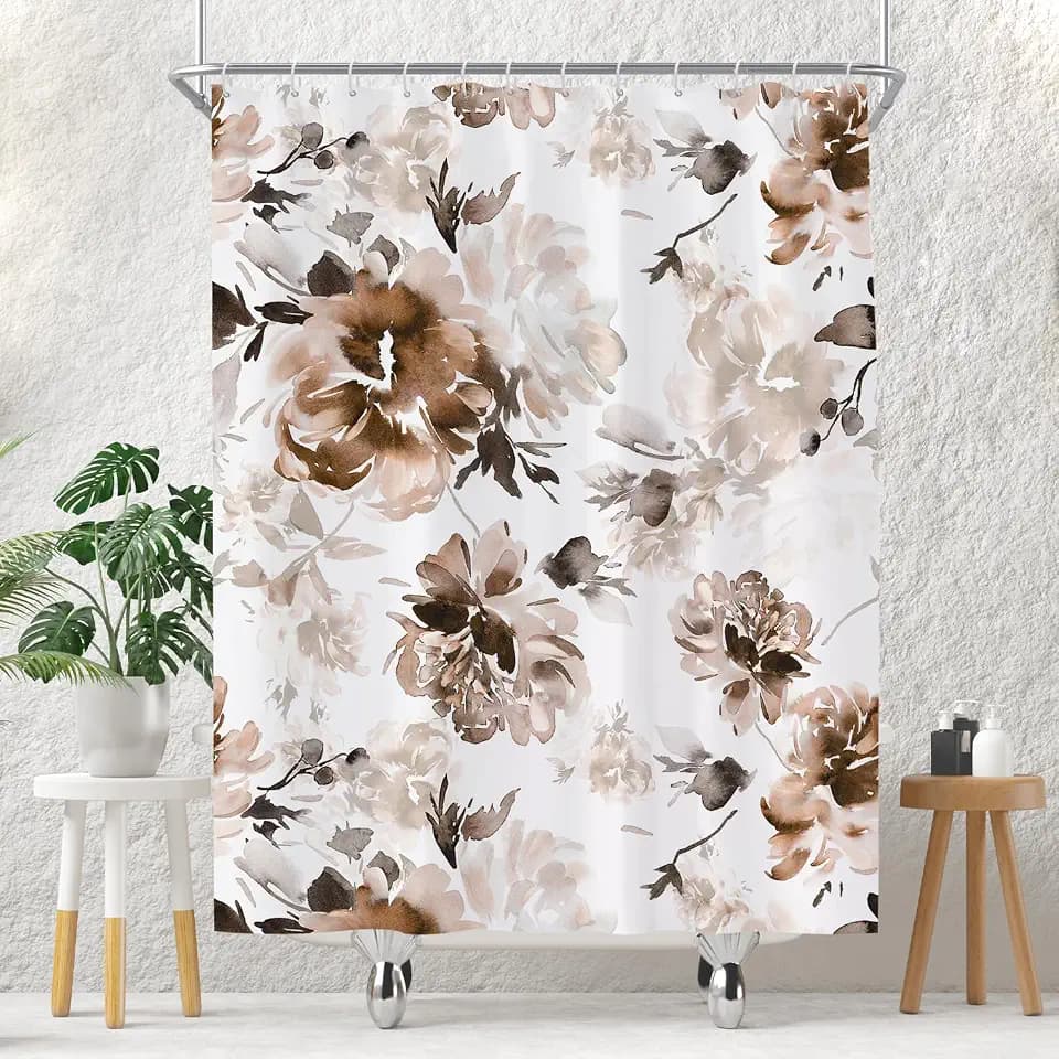 Brown White Floral Shower Curtain, Polyester Fabric, 60 x 72 Inch