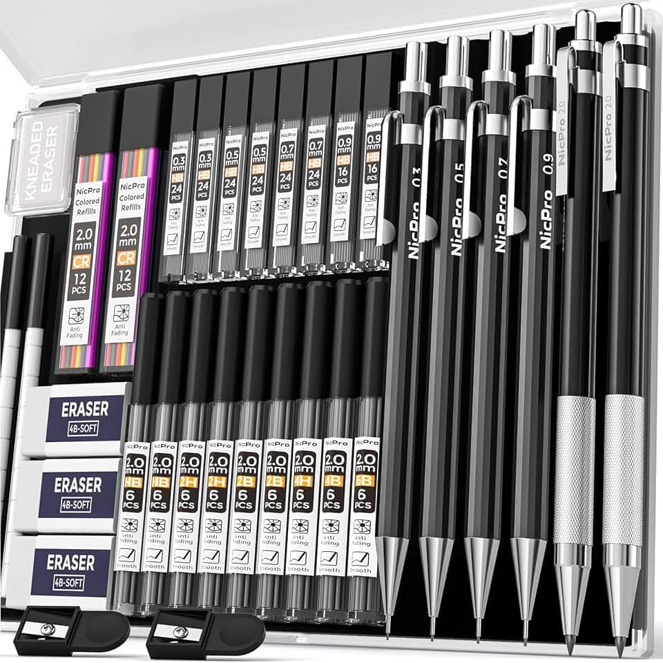 Nicpro 34PCS Black Art Mechanical Pencils Set, Metal Automatic Pencil 0.3, 0.5, 0.7, 0.9 mm & 2PCS 2mm Lead Holder (6B 4B 2B HB 2H 4H Colors) For Sketching Drawing With 19 Tube Lead Refills Case