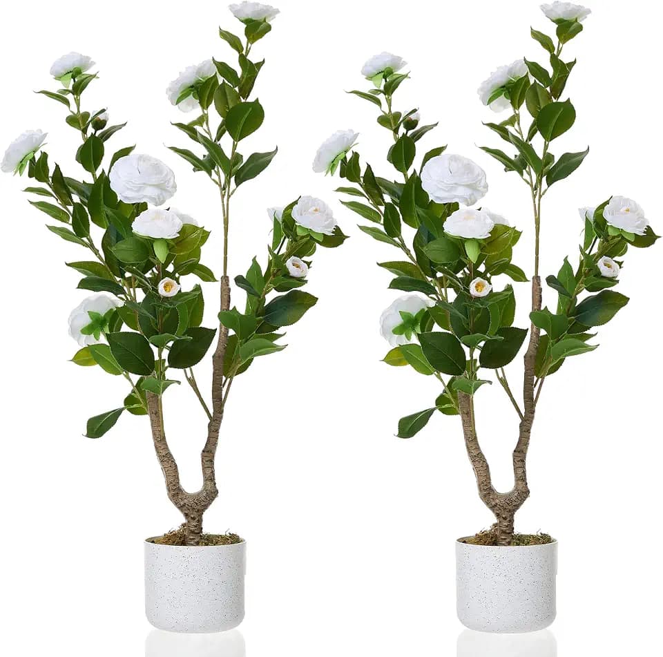 2Pack/3FT Artificial Tree White Camellia Flowers, 35inch Faux Camellia Tree for Indoor & Outdoor Decor, Artificial Fake Plants Potted Lifelike Flowers and Leaves, for Home Office Floor Porch