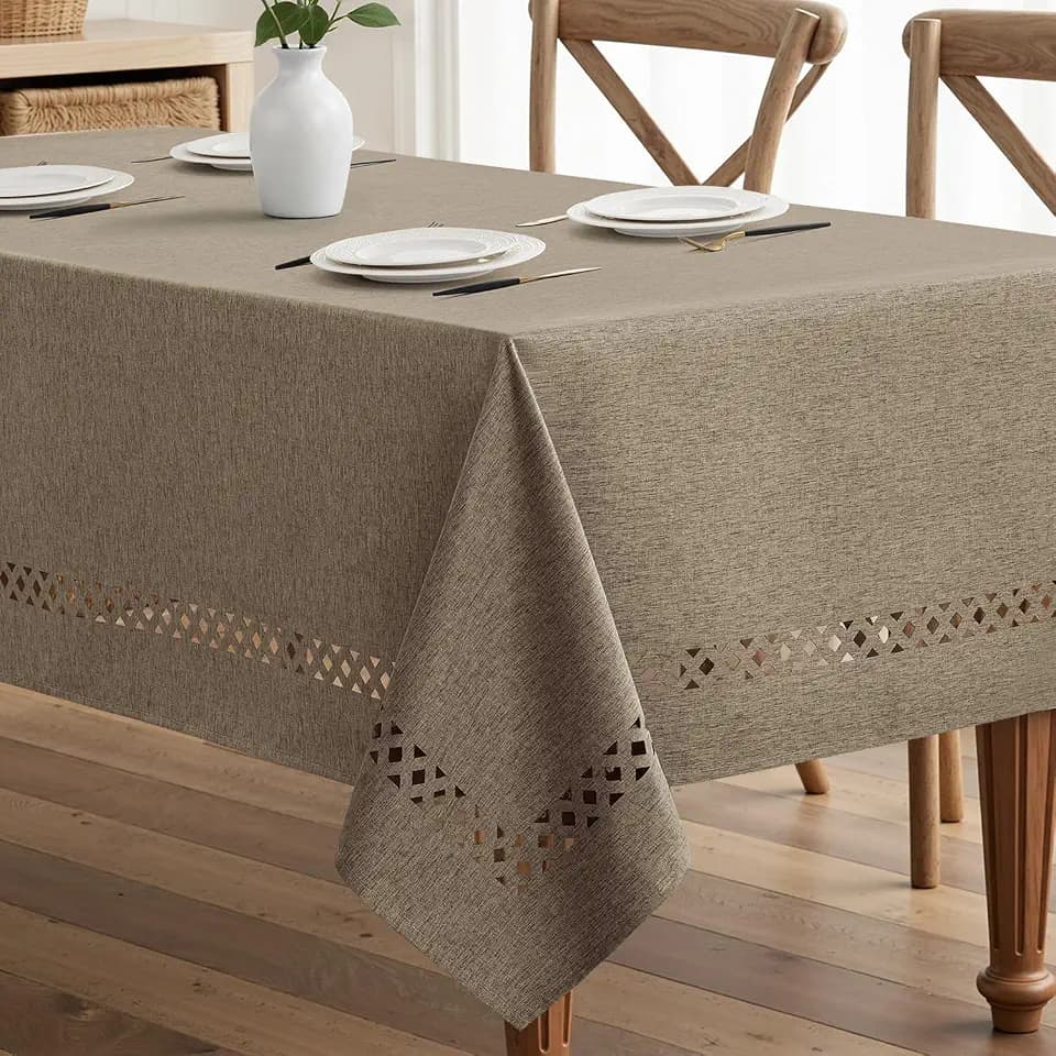 MIULEE Khaki Rectangle Tablecloth with Decorative Cutouts 52x70 Inch