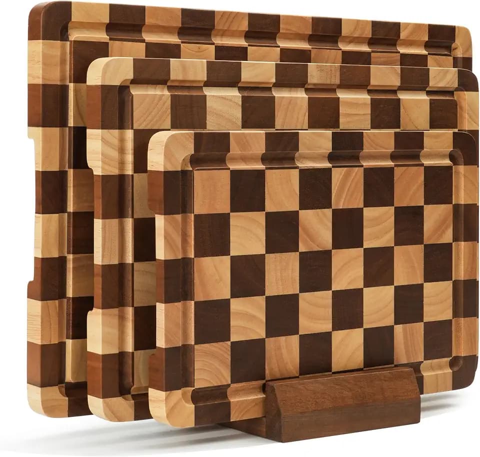 Checkered Cutting Board Set, 3-Piece Wood Checkerboard Cutting Boards for Kitchen with Stand, Chopping Board Set with Juice Groove & Handle for Meat, Vegetables, Cheese & Serving