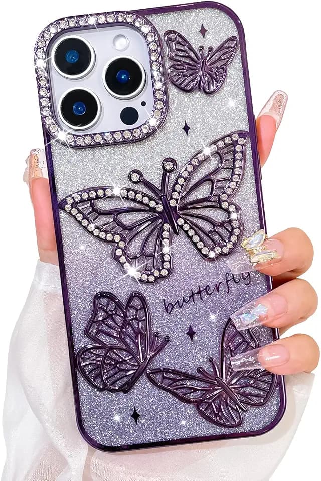 Bonoma Glitter Case for iPhone 13 Pro Max,Cute 3D Purple Butterfly Pattern
