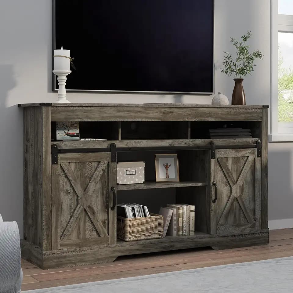 RoyalCraft Farmhouse TV Stand for 23" Electric Fireplace, 34'' Tall Entertainment Center for 65+ Inch TV, 34" Tall Rustic TV Console with Sliding Bar Door for Living Room (Light Grey)
