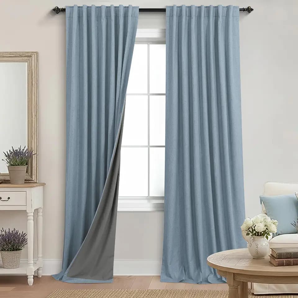 KOUFALL Blue Curtains 108 Inches Long,Linen Blackout Light Dusty Blue Black Out Pleated Drapes for Living Room 2 Panels Set