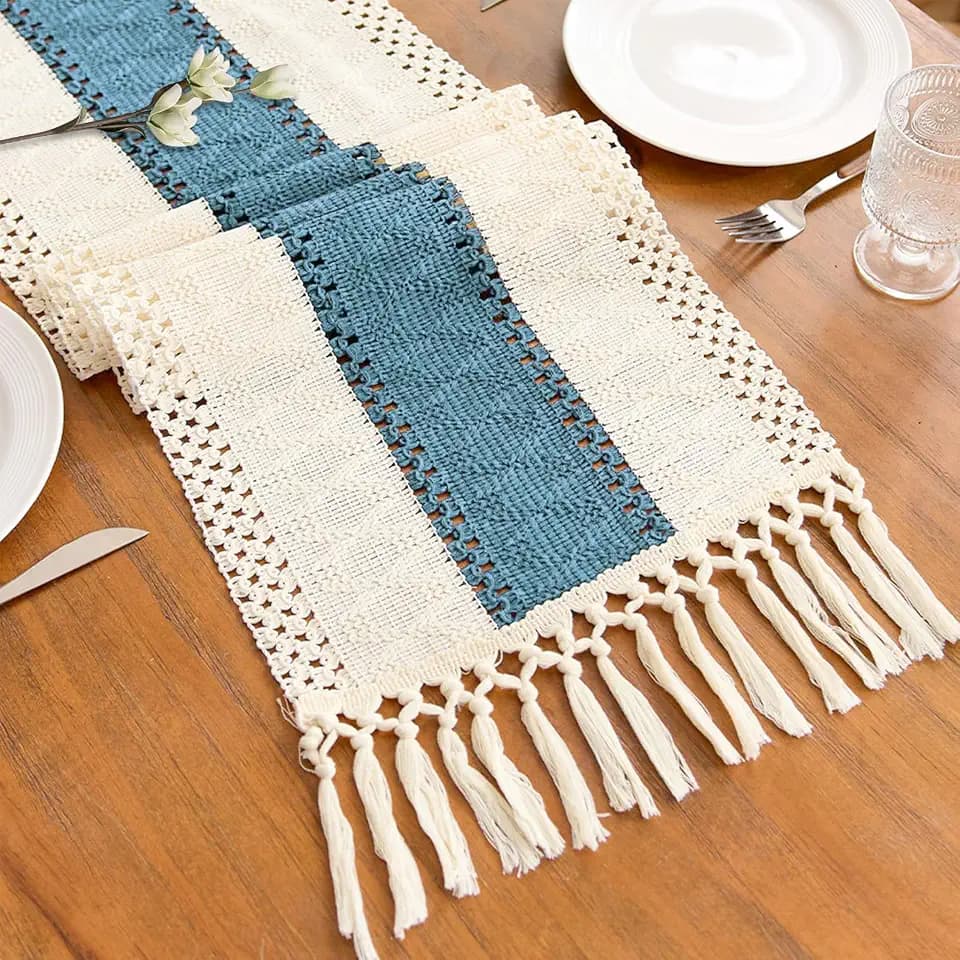 Blue Boho Table Runner for Home Decor with Tassels 72 Inches Farmhouse Rustic Table Runner Macrame Burlap Table Decoration for Living Room Bridal Shower(12x72 Inches, Fringe Included)