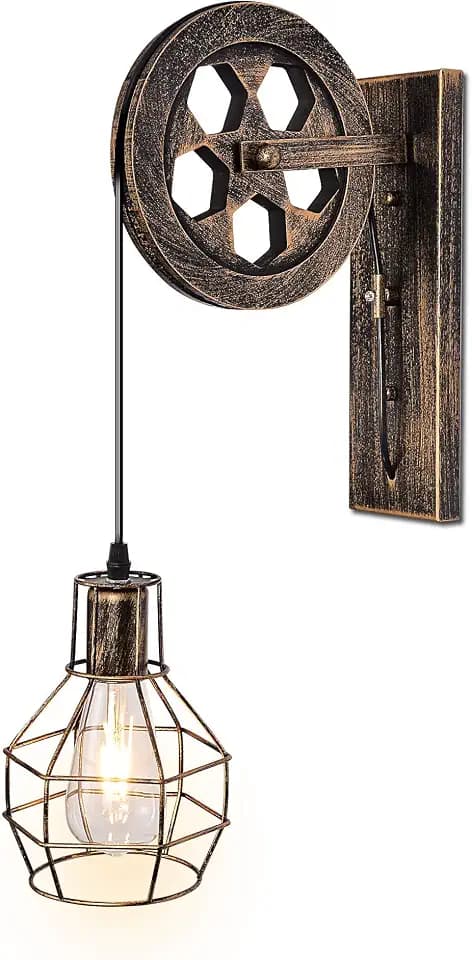 1 Light Fixture Industrial Mid Century Retro Iron Wall Lights Lift Pulley Wall Lamp Features The Matte Iron Cage Lamp Shade for Indoor Lighting Barn Restaurant (Rust Color)