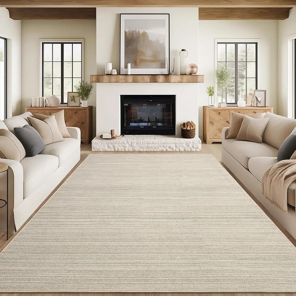 GlowSol 9x12 Washable Area Rugs for Living Room Rugs Bedroom Low Pile Non-Slip Modern Soft Carpet Washable Stain Resistant Striped Accent Floor Carpet for Dining Room Nursery, Beige