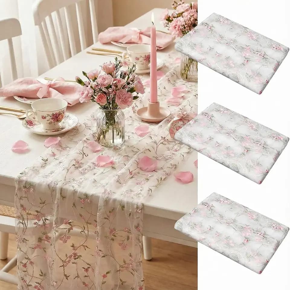 Lounsweer 3 Pcs Flower Table Runner 10ft Embroidery Flower