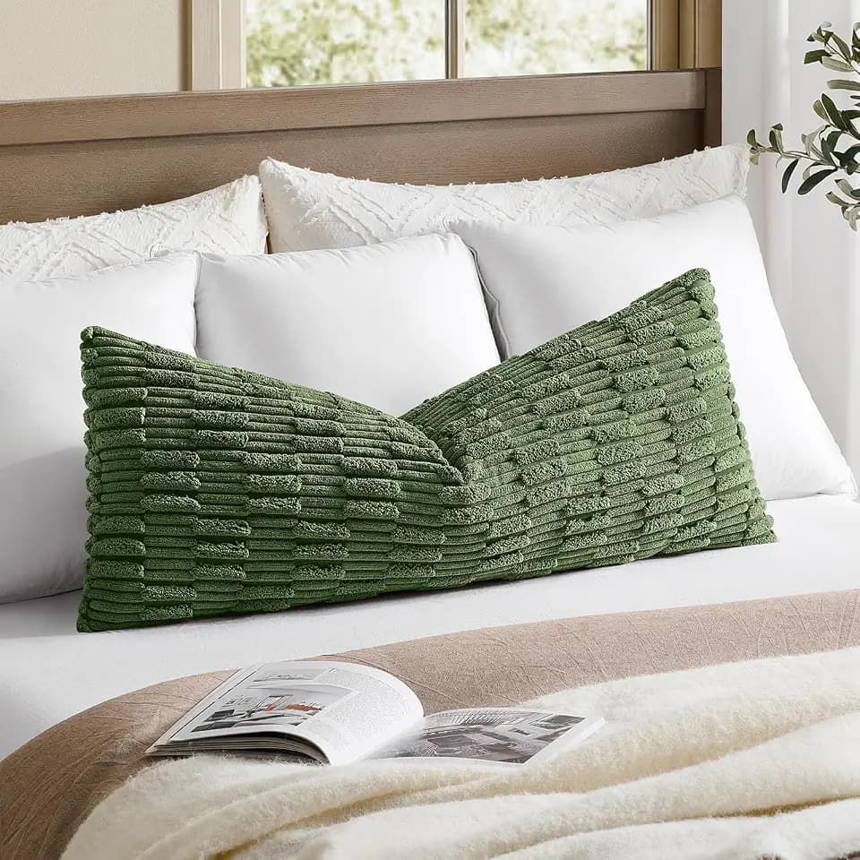 Kevin Textile 20x54 Inch Long Body Lumbar Pillow Cover 1 Pack Soft Plush Stripe Decorative Rectangle Cushion Elegant Double-Sided Corduroy Texture Pillow for Couch Sofa Chair Bed, Moss Green