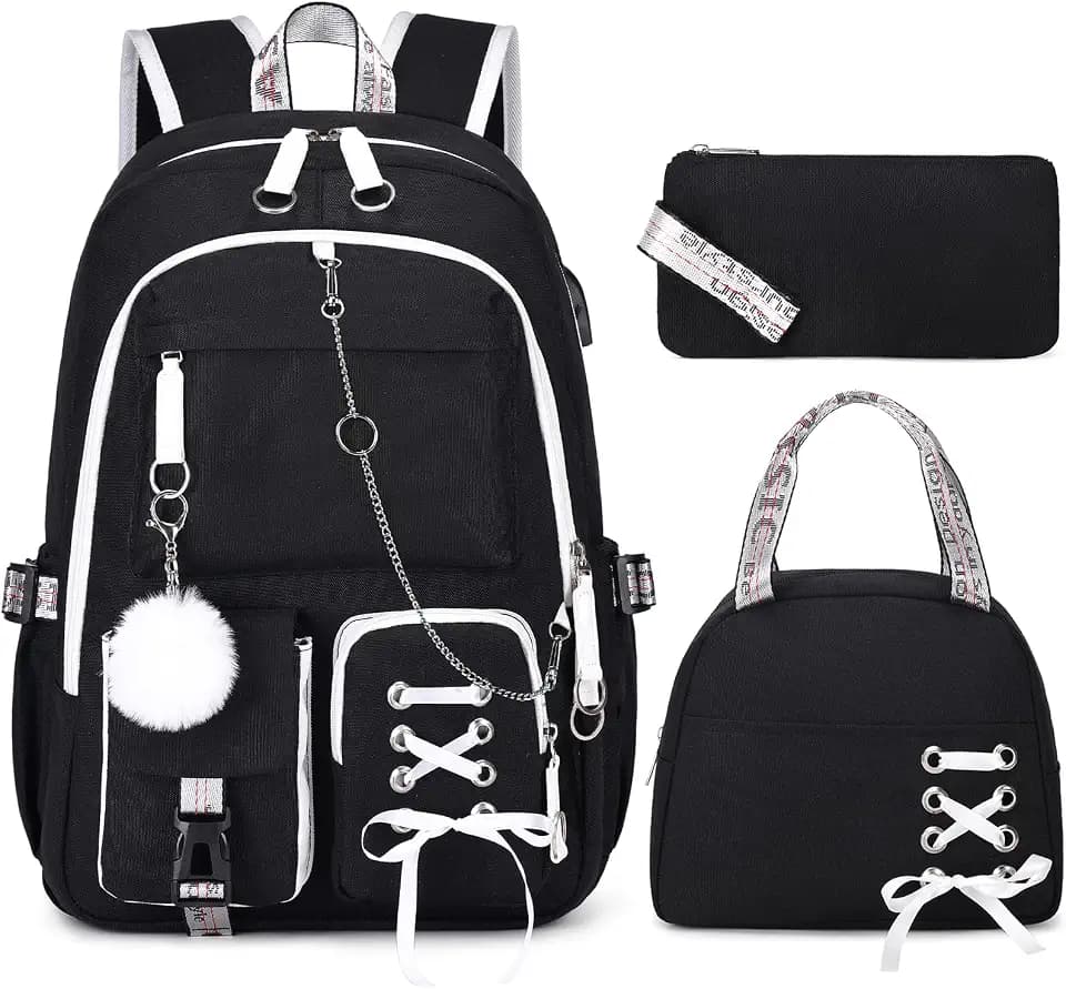ACESAK 3PCS Teen Girls Backpack with Lunch Bag Set&USB Charging Port,Black
