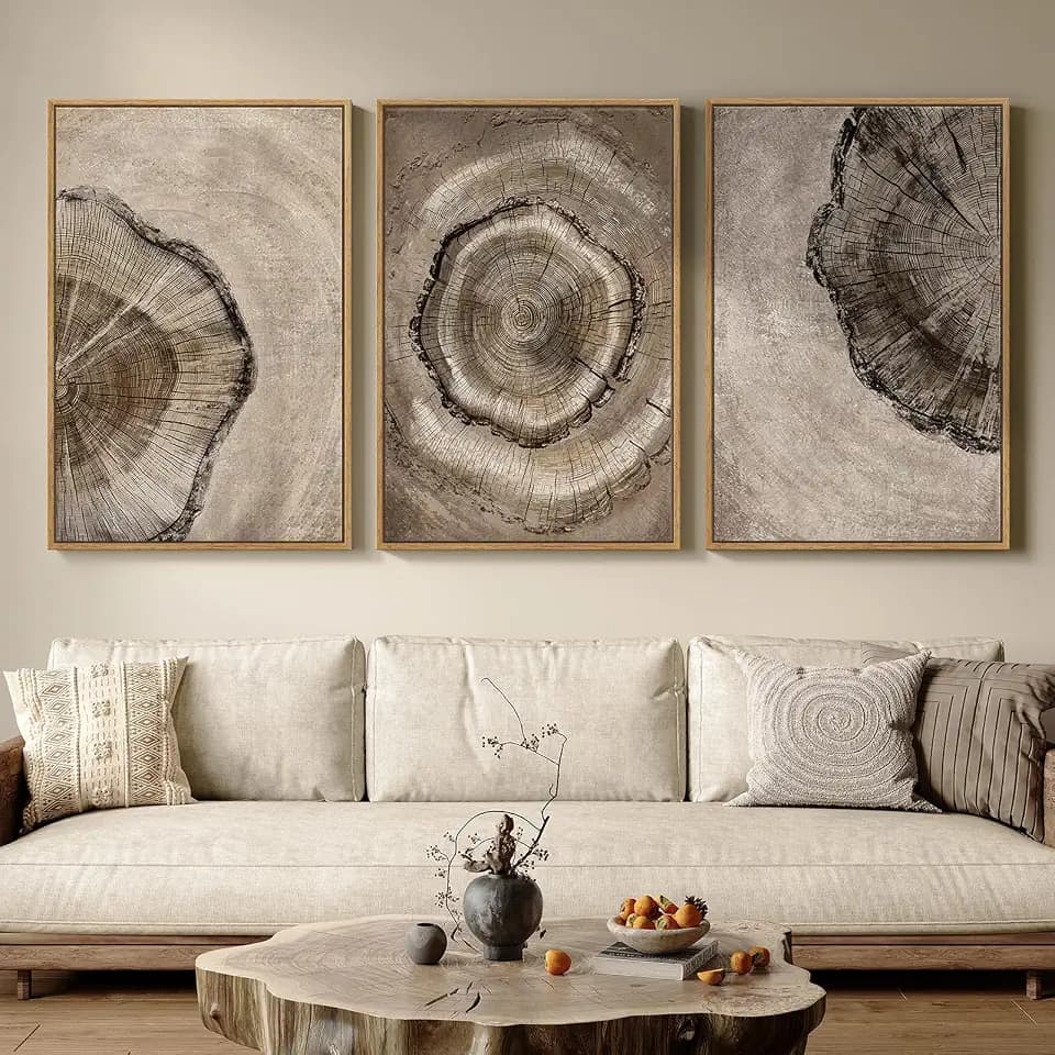 Large Framed Vintage Neutral Tree Ring Wall Art for Living Room, 24x36 In