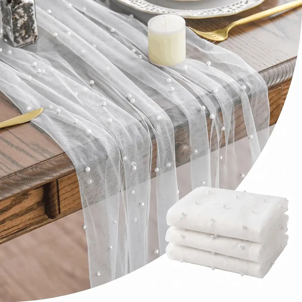 Artoid Mode 3-Pack Pearl White Gauze Table Runner 10FT Home Decor