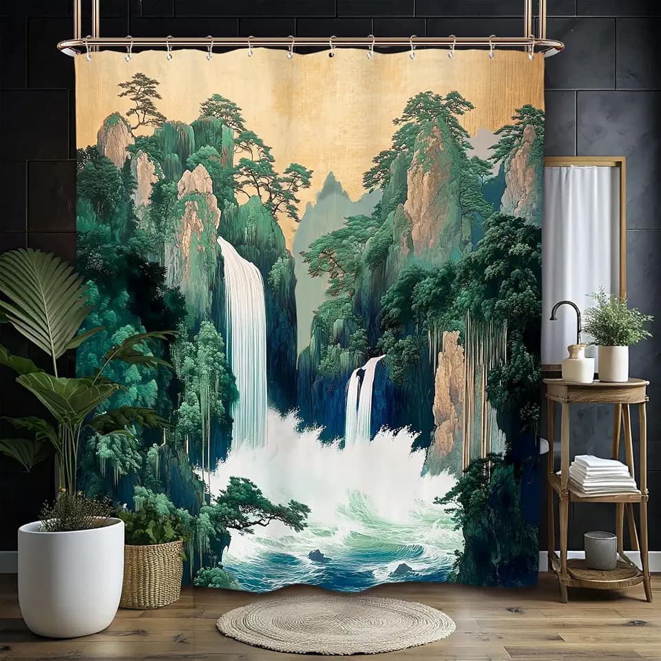 Miyotaa Abstract Ukiyo-e Japanese Waterfall Shower Curtain Set 60Wx71H Inches Mountain Forest Tree Landscape Scene Green Polyester Waterproof Cloth Bathroom Curtain with 12 Hooks