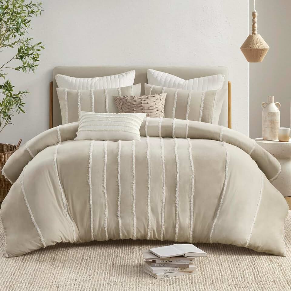 Ink+Ivy Queen Duvet Cover Set Boho Duvet Covers Stripes, Clipped Jacquard, Cotton Duvet Cover for Queen Size Bed, All Season Lightweight Queen Bedding Cover & Shams, Shay, Full/Queen, Taupe 3 Piece