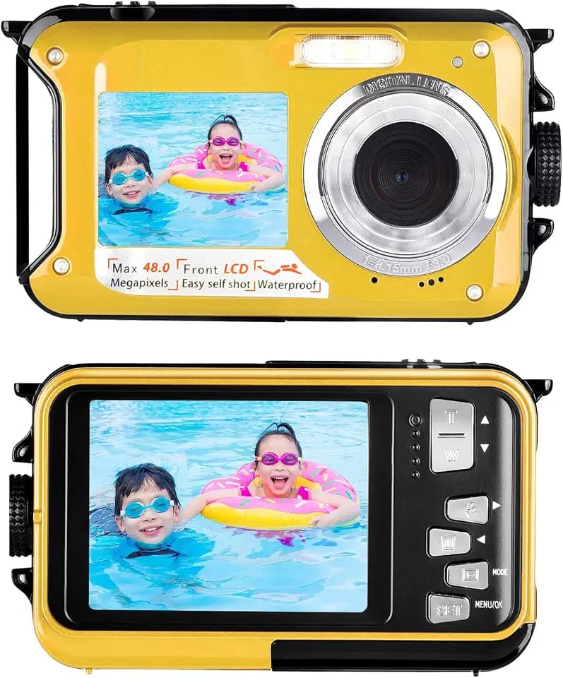 wasserdichte Digitalkamera mit Doppelbildschirm 2,7 K 48 MP wasserdichte Kamera für Selfie-Kamera beim Schnorcheln
