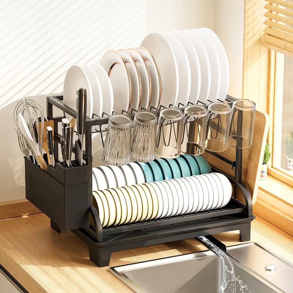 2-Tier Foldable Dish Drying Rack with Drainboard for Kitchen Counter,Black